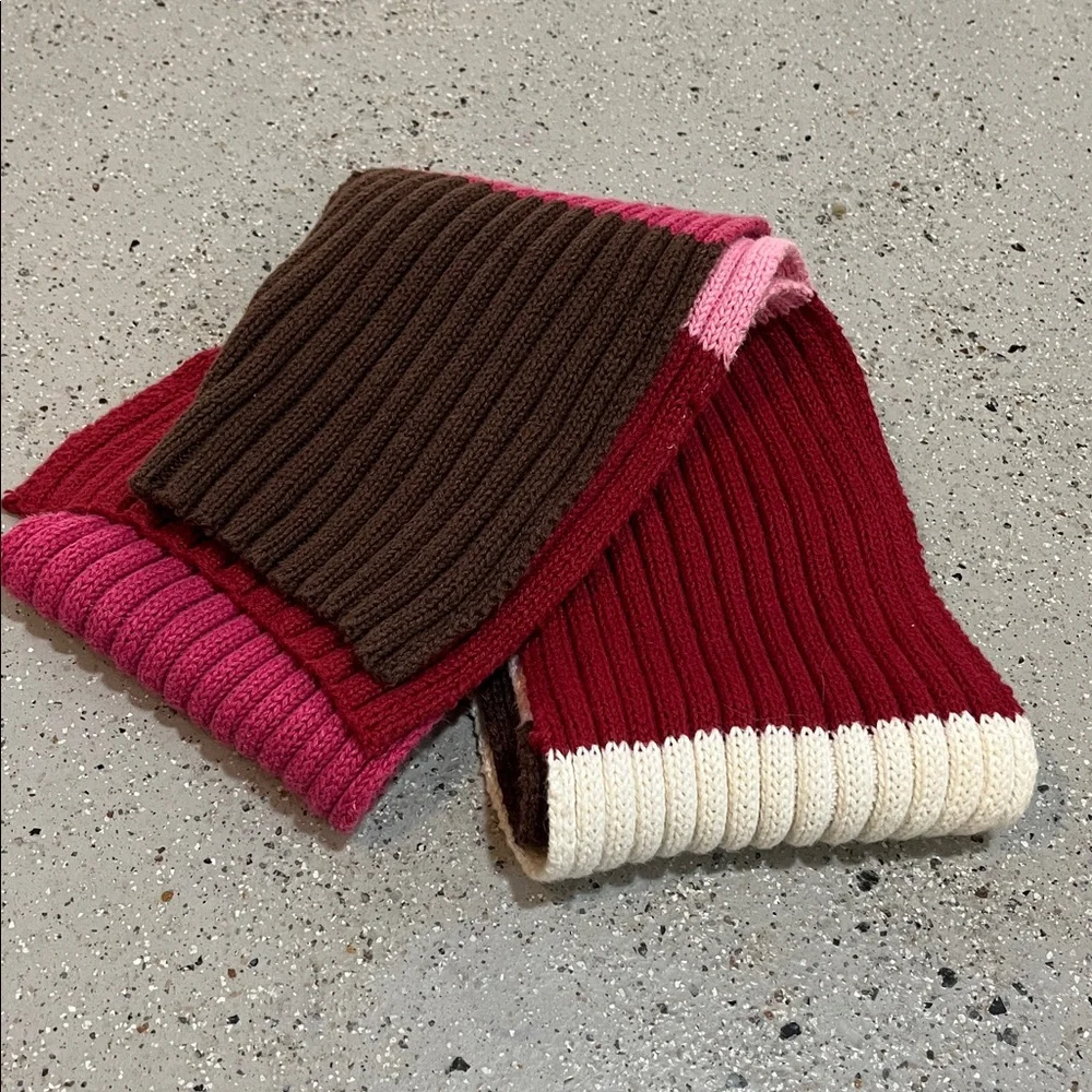 LONG RIBBED KNIT COLORBLOCK SCARF PINK BROWN CREAM RED